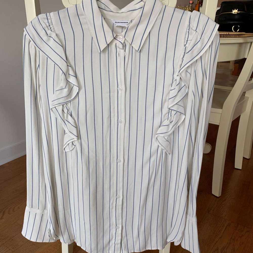 Like new! Club Monaco pinstripe ruffle blouse (M)